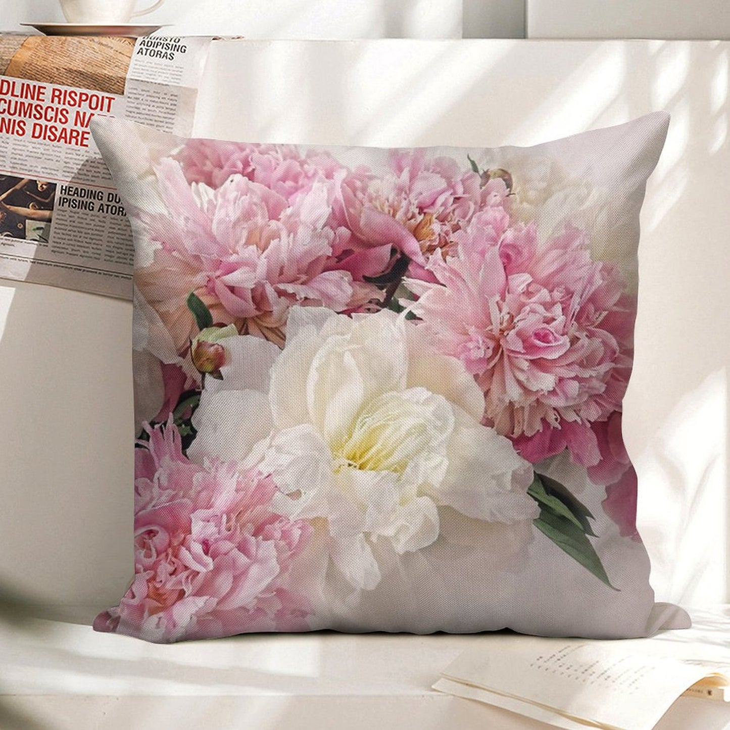 Peonies Linen Throw Pillow Cover