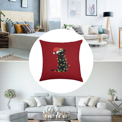 Santa Black Cat Tangled Up In Christmas Tree Lights Holiday Linen Throw Pillow Cover