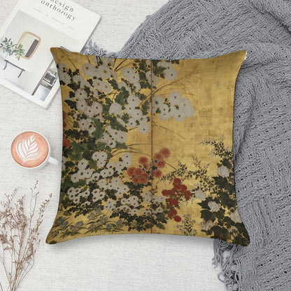 White Red Chrysanthemums Floral Japanese Gold Screen Print Soft Reinforced Edging Throw Pillow
