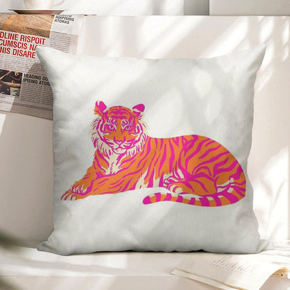Pink And Orange Tiger Linen Throw Pillow Cover