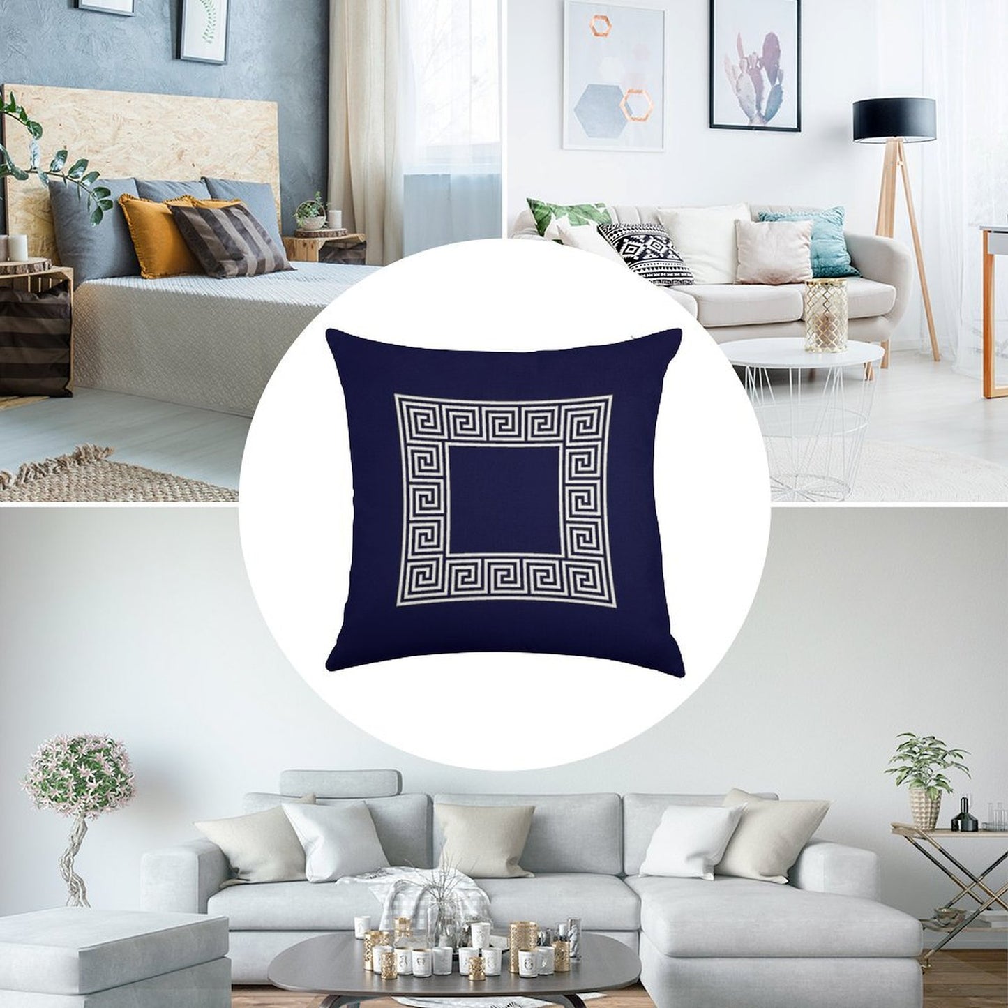 Navy Blue Greek Key Meander Square Linen Throw Pillow Cover
