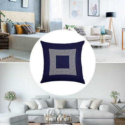 Navy Blue Greek Key Meander Square Linen Throw Pillow Cover