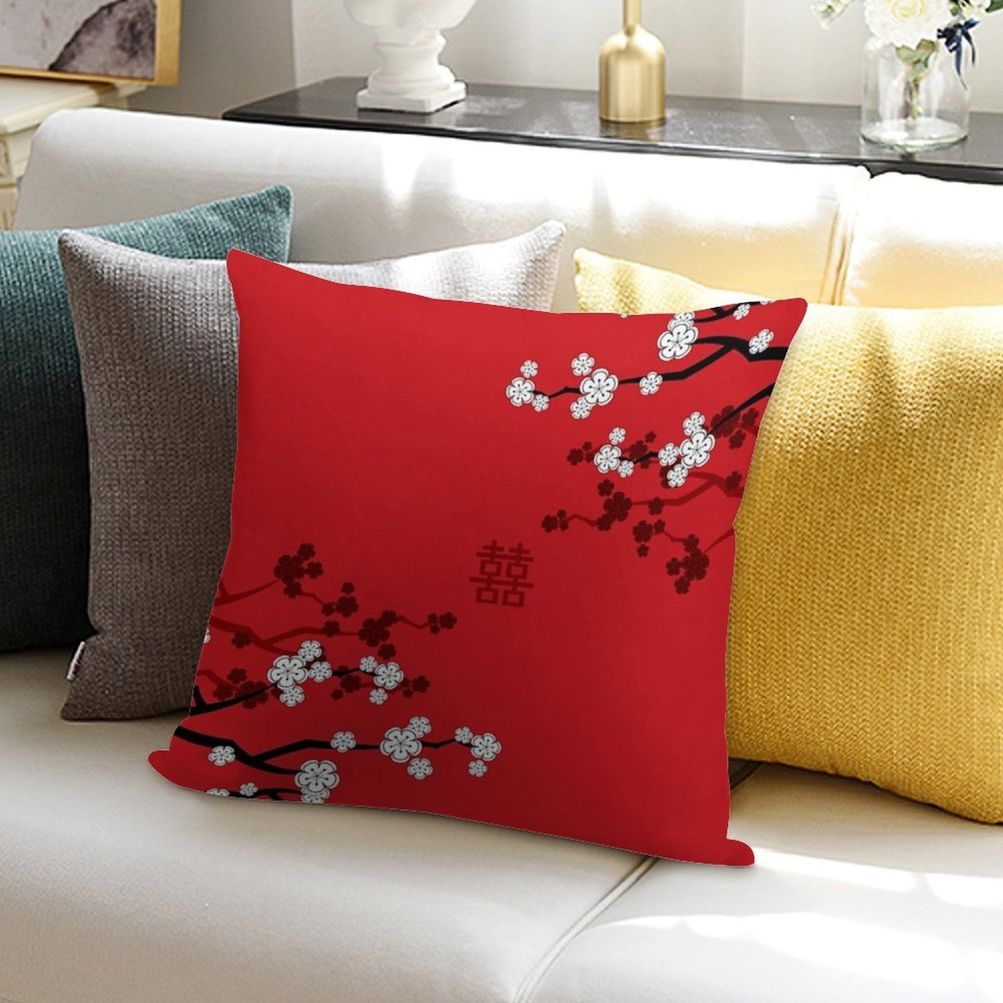 White Oriental Cherry Blossoms on Red And Chinese Wedding Double Happiness  Japanese Sakura © Fatfatin Soft Luxury Feel Throw Pillow
