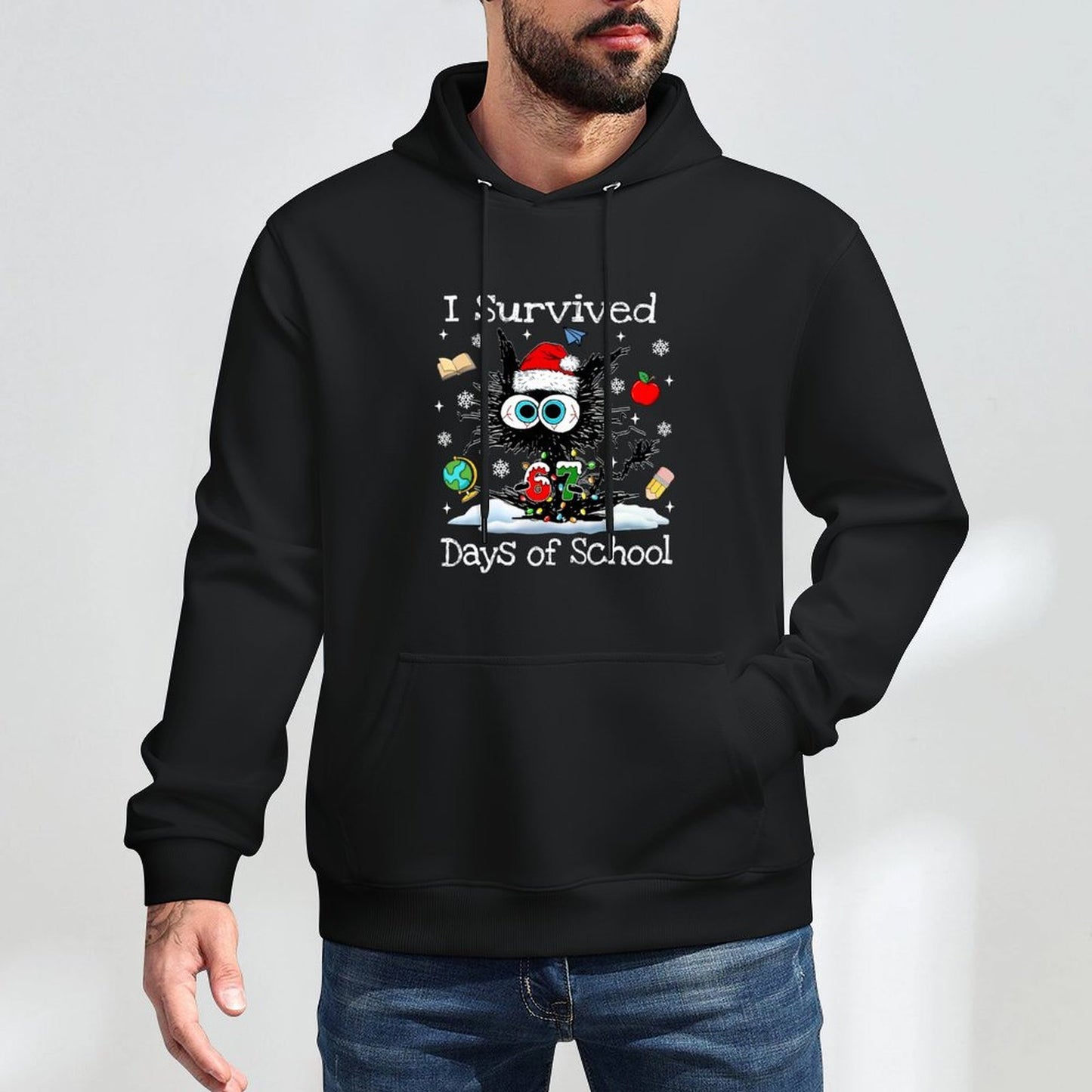 Funny Black Cat Christmas I Survived 67 Days of School Moisture-Wicking Hoodie