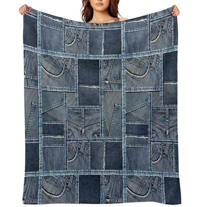 Blue Jeans Denim Patchwork Throw Blanket