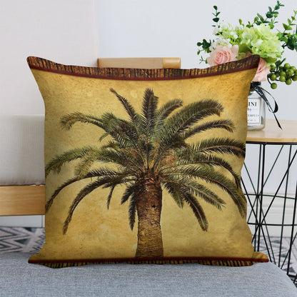 Tropical Retro Palm Tree Vintage Hawaiian Palms Linen Throw Pillow Cover