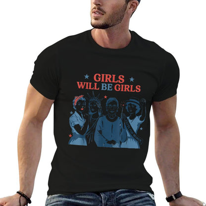 Girl Will Be Girls Patriotic Feminist 4th Of July USA  Ribbed Collar T-Shirt