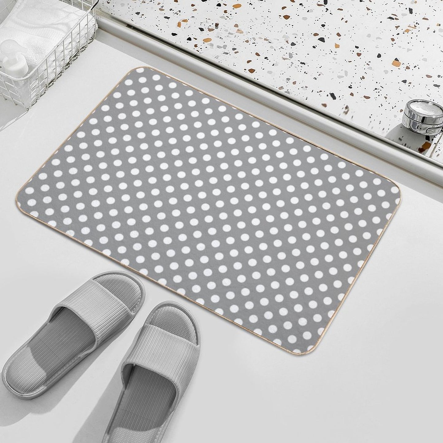 White Polka Dots on Gray Background Bath Mat