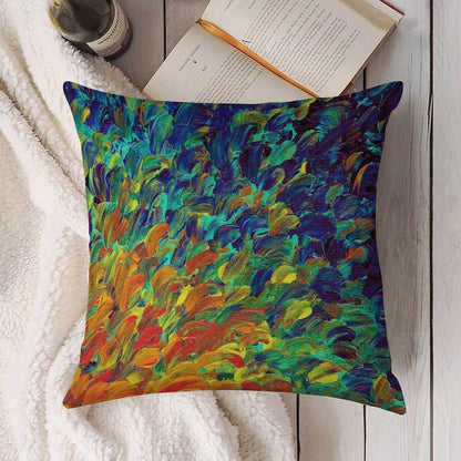 FOLLOW THE CURRENT 1, Bold Colorful Abstract Acrylic Painting Ocean Waves Blue Orange Splash Ombre Fine Art Linen Throw Pillow Cover