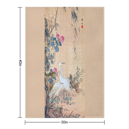 Egrets, Peonies, And Willows (Restored Japanese Artwork) Throw Blanket