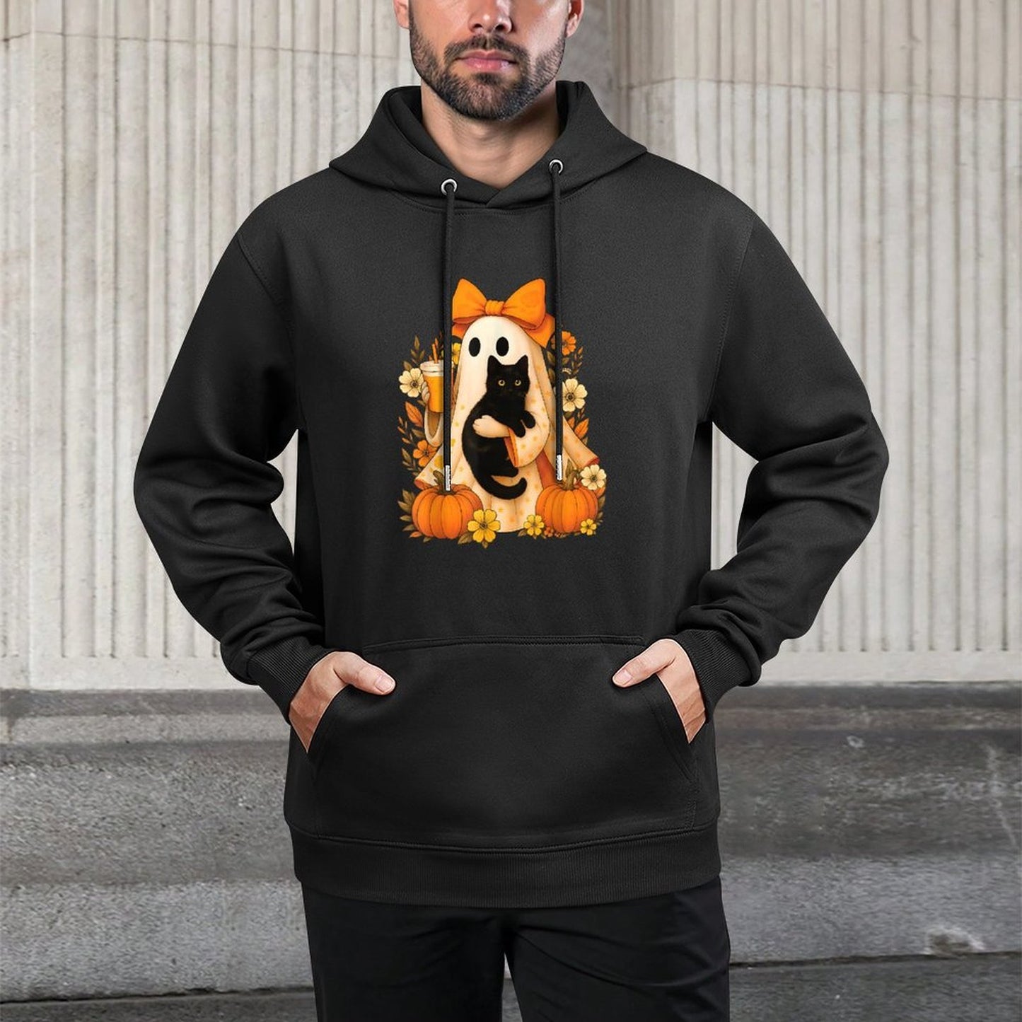 Retro Ghost Holding Cat Groovy Floral Vintage Halloween Versatile Streetwear Hoodie