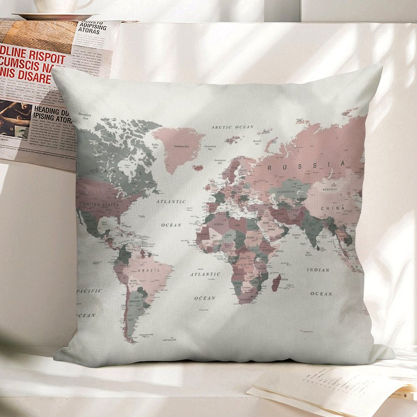 Map of The World in Pink And Green Linen Throw Pillow Cover