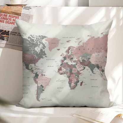 Map of The World in Pink And Green Linen Throw Pillow Cover