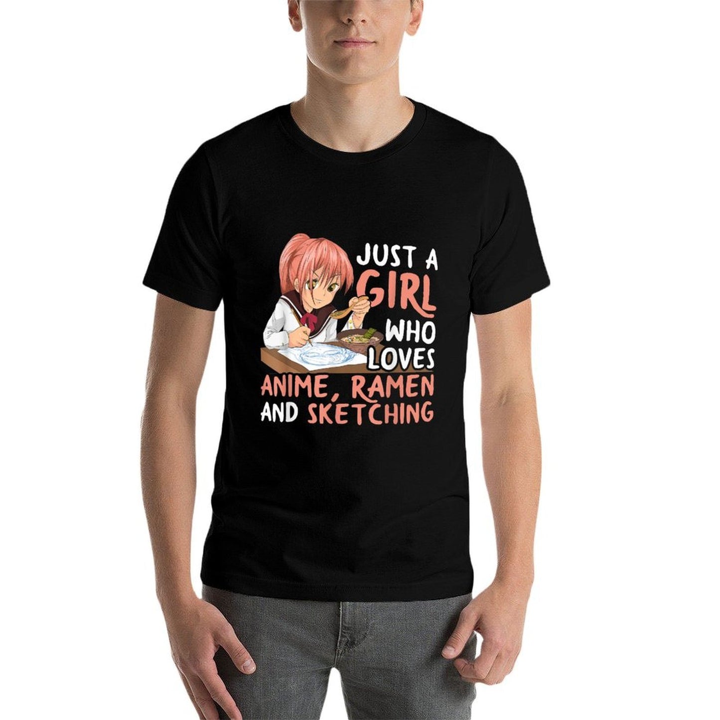 Just A Girl Who Loves Anime Ramen And Sketching Japan Anime  Trendy Pattern T-Shirt