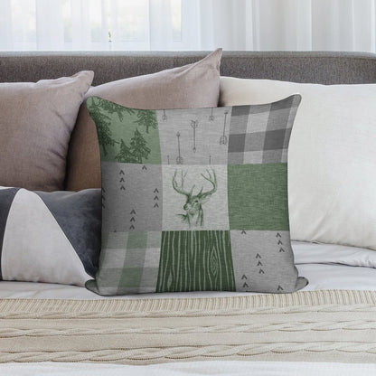 Rustic Deer Patchwork - GreenGrey Soft Fade-Resistant Throw Pillow