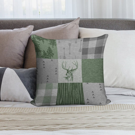 Rustic Deer Patchwork - GreenGrey Soft Fade-Resistant Throw Pillow