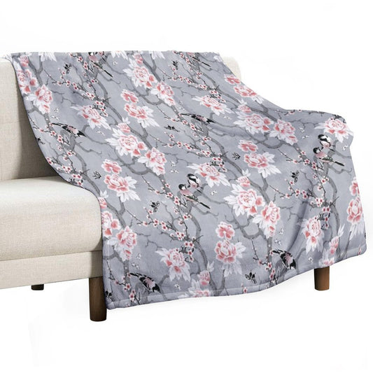 Chinoiserie Birds in Grey Throw Blanket
