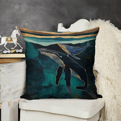 Moonlit Whales Linen Throw Pillow Cover