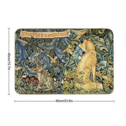 GREENERY, FOREST ANIMALS ,FOX AND HARE Blue Green Floral Bath Mat