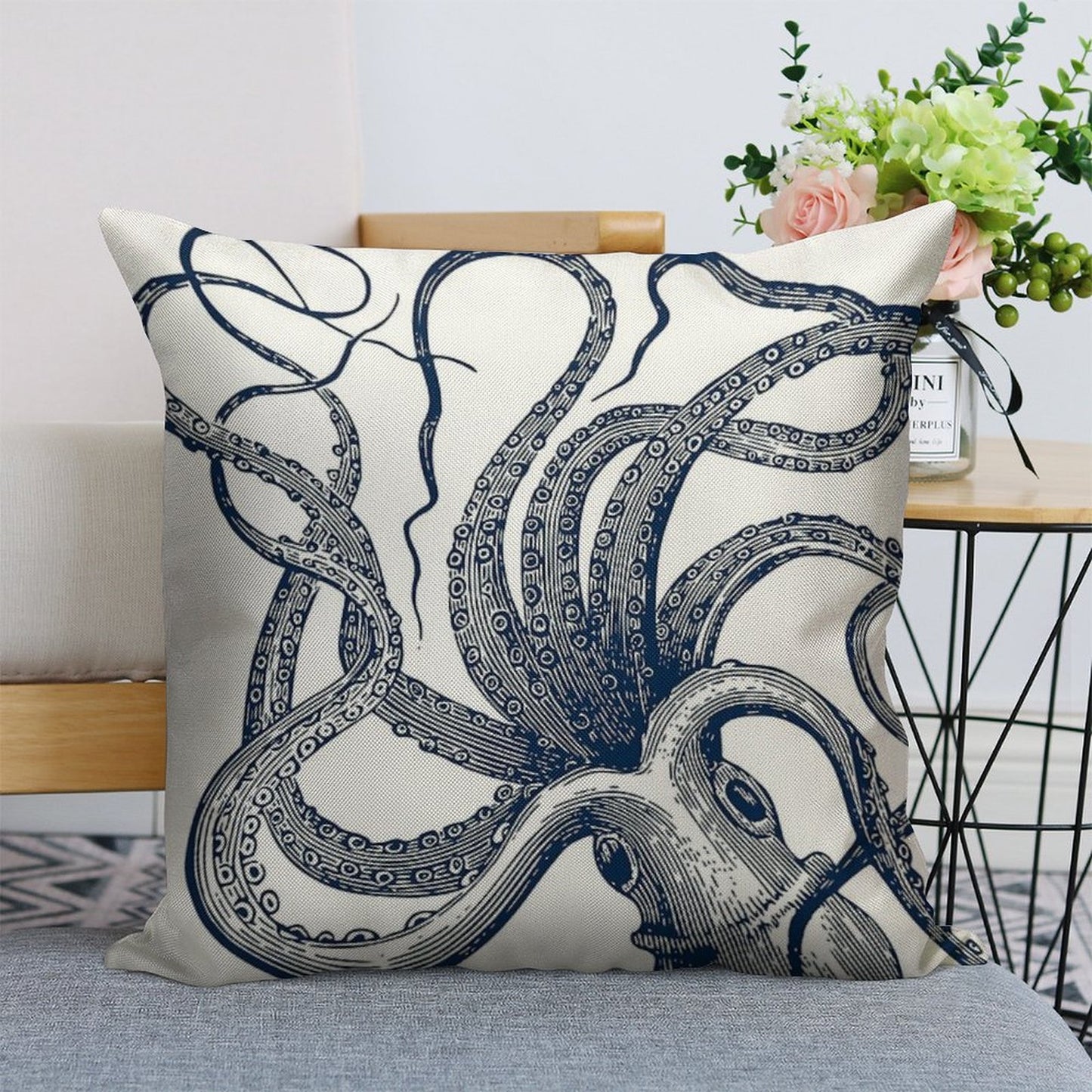 Navy Octopus Linen Throw Pillow Cover