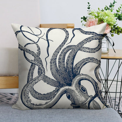 Navy Octopus Linen Throw Pillow Cover