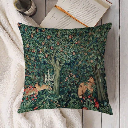 GREENERY, FOREST ANIMALS Fox And Hares Blue Green Floral Tapestry Linen Throw Pillow Cover