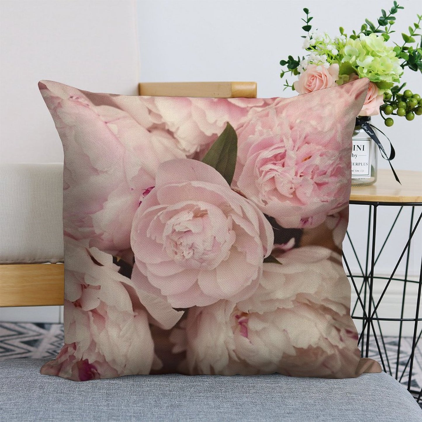 Pink Peony Flowers Linen Throw Pillow Cover
