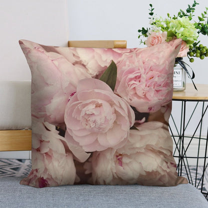 Pink Peony Flowers Linen Throw Pillow Cover