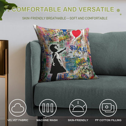 Balloon Girl Street Art Mashup Soft Anti-Pilling Throw Pillow