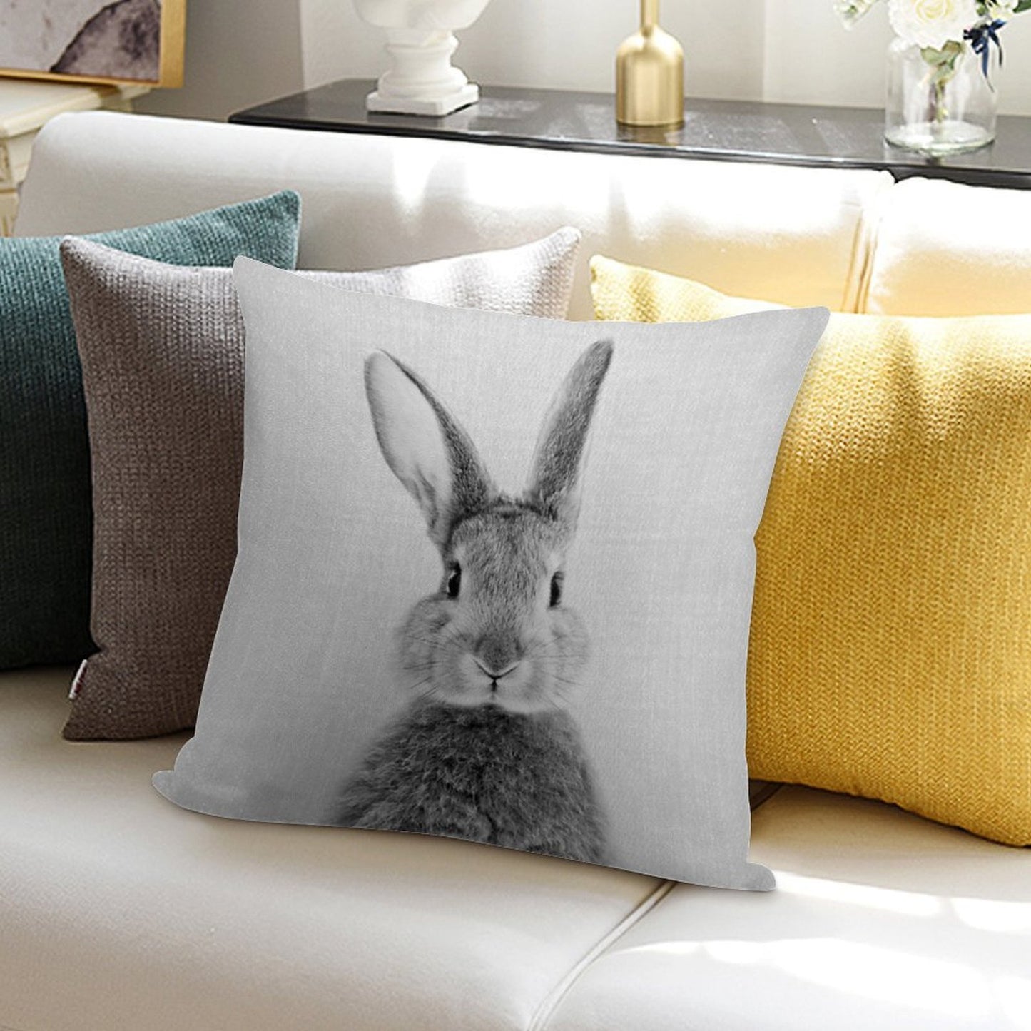 Rabbit - Black & White Soft Fade-Resistant Throw Pillow