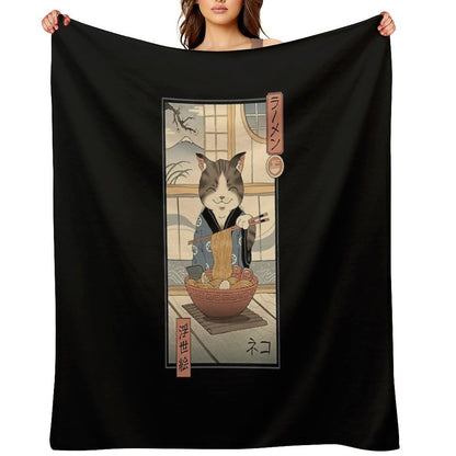 Neko Ramen Ukiyo-e Throw Blanket