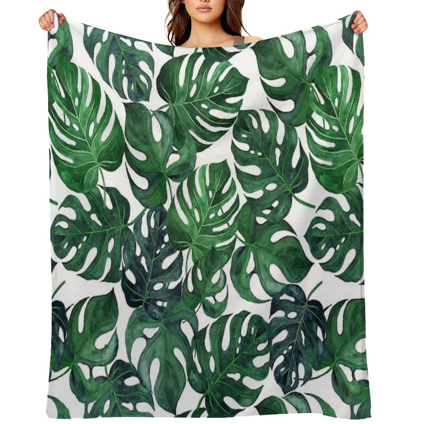 Tropical Monstera Leaves - Dark Emerald Green Throw Blanket