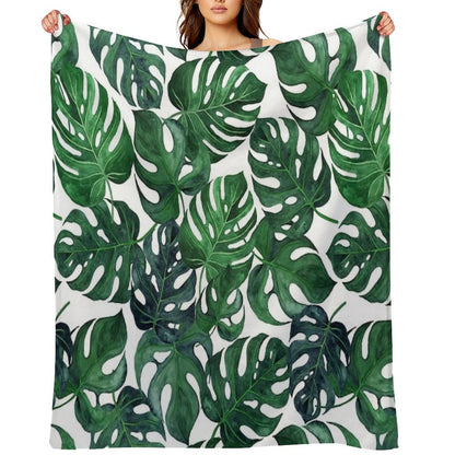 Tropical Monstera Leaves - Dark Emerald Green Throw Blanket