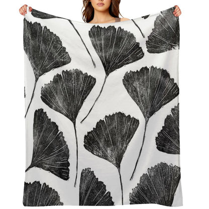Ginkgo Biloba, Lino Cut Nature Inspired Leaf Pattern Throw Blanket