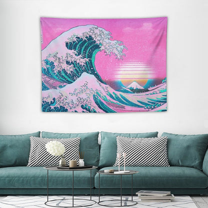 Vaporwave Aesthetic Great Wave Off Kanagawa Retro Sunset Tapestry