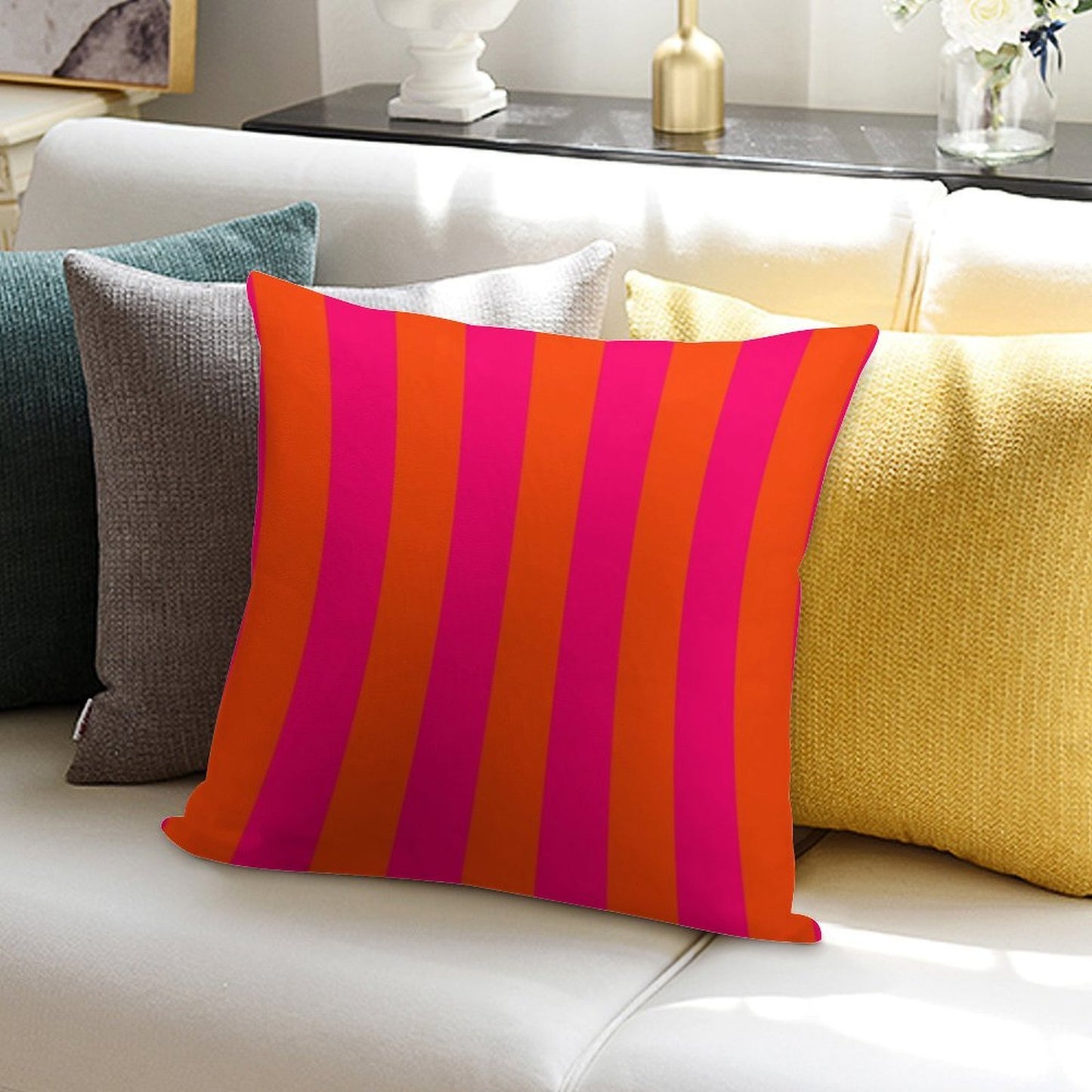 Bright Neon Pink And Orange Vertical Cabana Tent Stripes Soft Easy Maintenance Throw Pillow