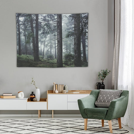 Path Vibes  Wild Romantic Misty Retro Fall Wilderness Fairytale Forest With Cascadia Trees Covered In Magic Blue Fog Season Tapestry