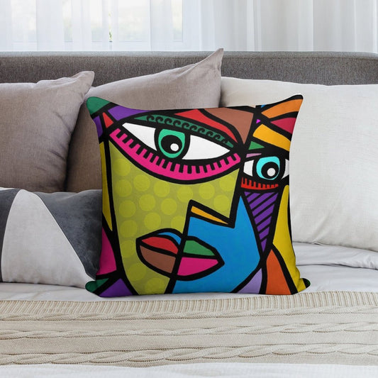 Funky Abstract Art Face with Dots And Stripes Soft Hidden Zipper Throw Pillow