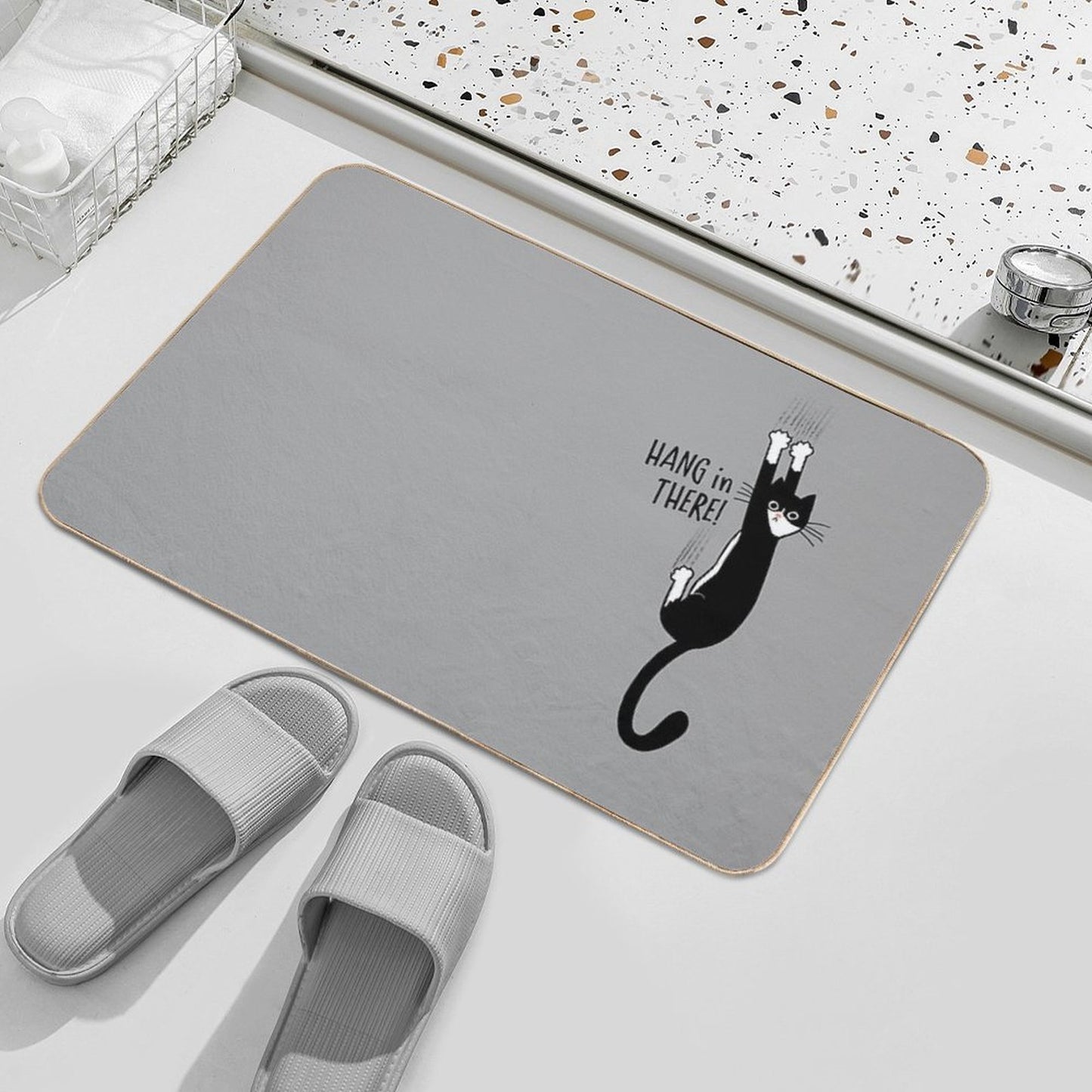 Tuxedo Cat Hanging On Hang In There! Funny Cat Hanging On With Claws  Long-Lasting Bath Mat