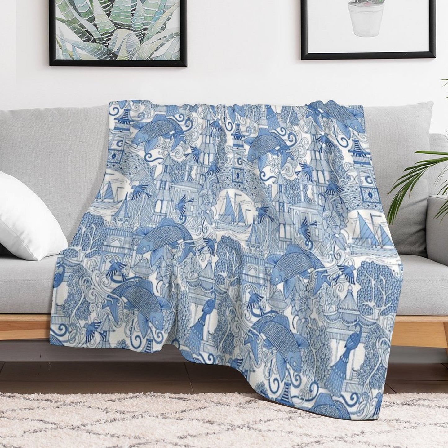 Chinoiserie Toile Blue Throw Blanket
