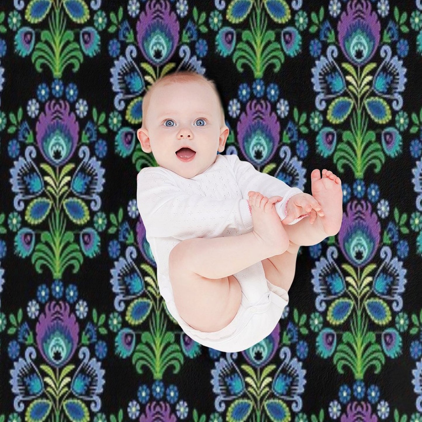 Polish Folk Flowers Purple on Black Throw Blanket