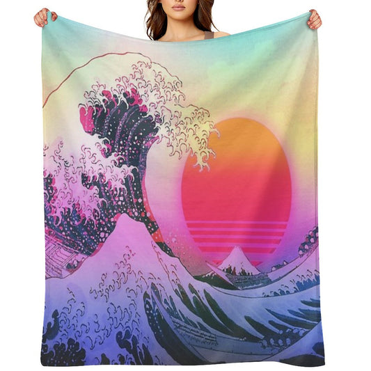 Great Wave Off Kanagawa Vaporwave Retro Aesthetic Throw Blanket