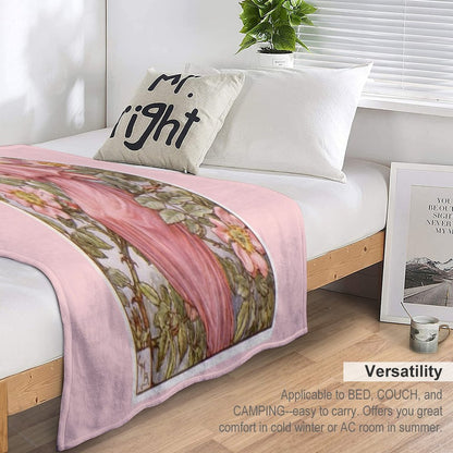 Pink Fairy Queen with Pink Flowers Whimsical Vintage Artwork Throw Blanket