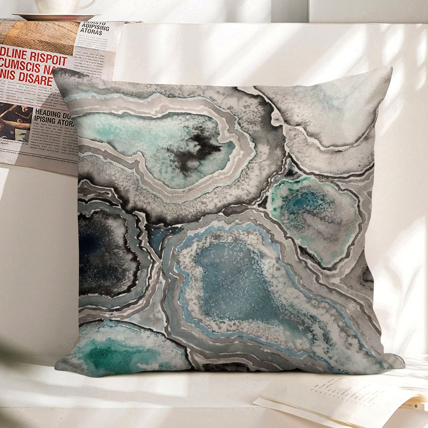 Ode To Geode - BlueTeal Linen Throw Pillow Cover