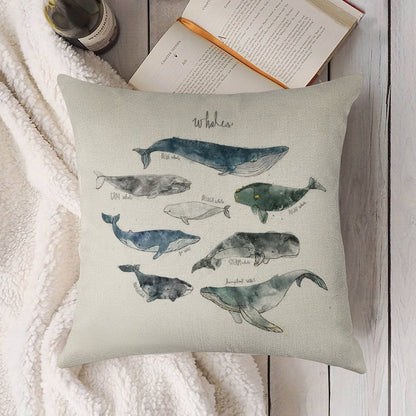 Whales Linen Throw Pillow Cover