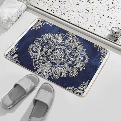 Cream Floral Moroccan Pattern on Deep Indigo Ink Bath Mat