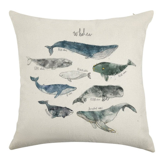 Whales Linen Throw Pillow Cover