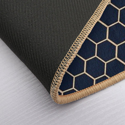 Geometric Light Yellow And Dark Blue Honeycomb Pattern Bath Mat