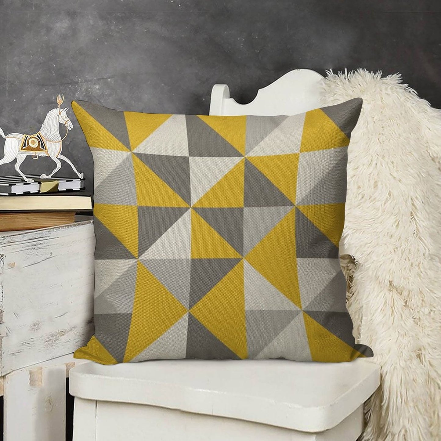 Retro Triangle Design in Yellow And Grey Linen Throw Pillow Cover