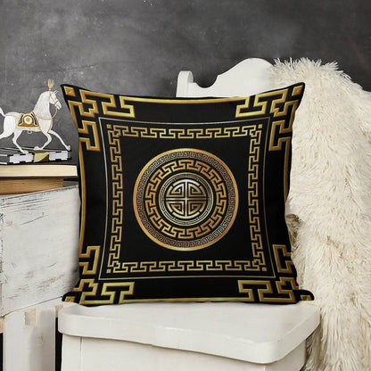 Greek Key Meander Black Gold Large Linen Throw Pillow Cover